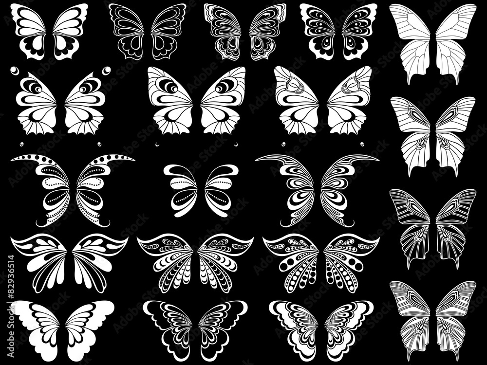 Set of twenty white butterflies over black Set of twenty white butterflies over black
