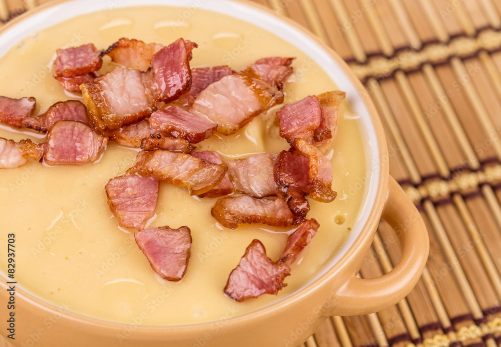Soup close up with bacon.