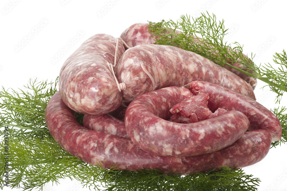 fresh raw meat sausages on white background fresh raw meat sausages on white background