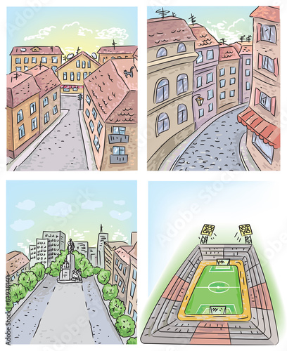 Four kinds of illustrations of streets and stadium.