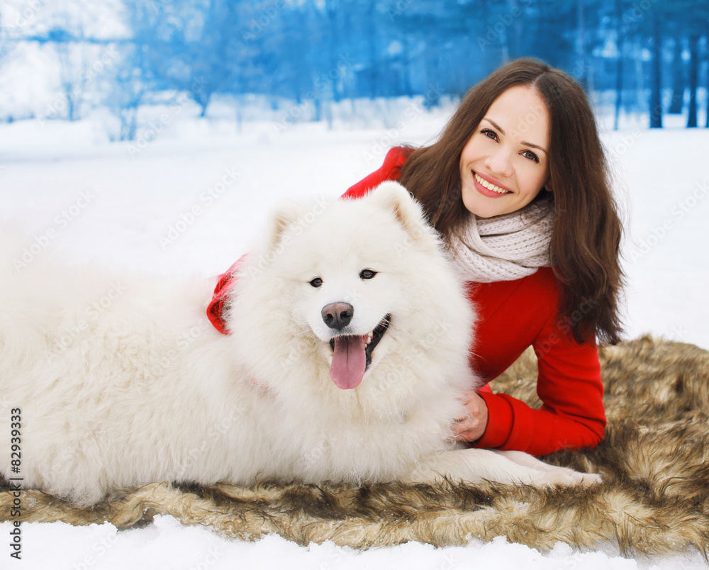Happy woman owner having fun with white Samoyed dog outdoors in Happy woman owner having fun with white Samoyed dog outdoors in