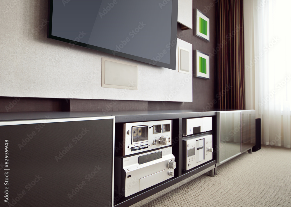 Modern Home Theater Room Interior with Flat Screen TV Modern Home Theater Room Interior with Flat Screen TV