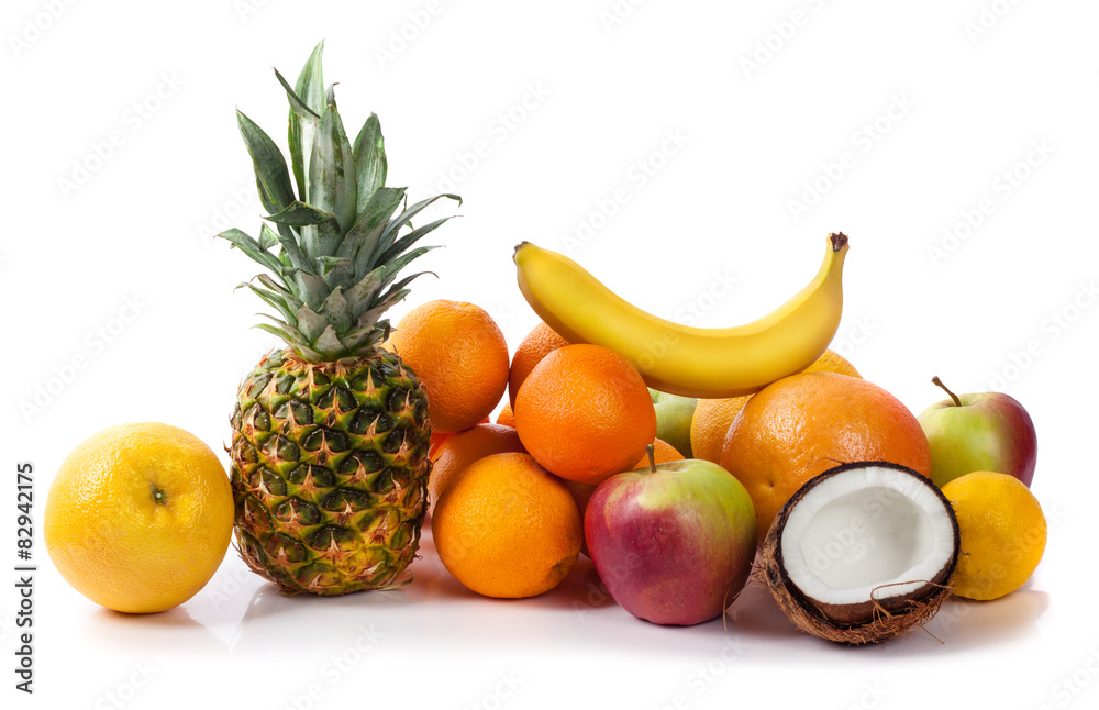 Assortment of exotic fruits isolated on white Assortment of exotic fruits isolated on white