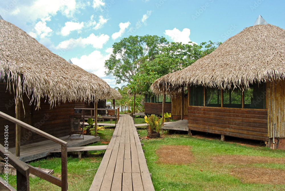 Amazon rainforest, traditional huts near the river, Brazil