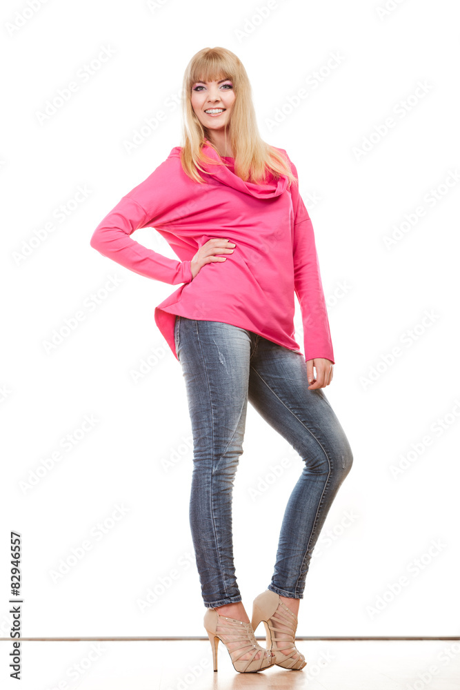 blonde fashionable woman in pink blouse blonde fashionable woman in pink blouse