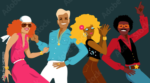 Group of young people dressed in 1970s fashion dancing disco