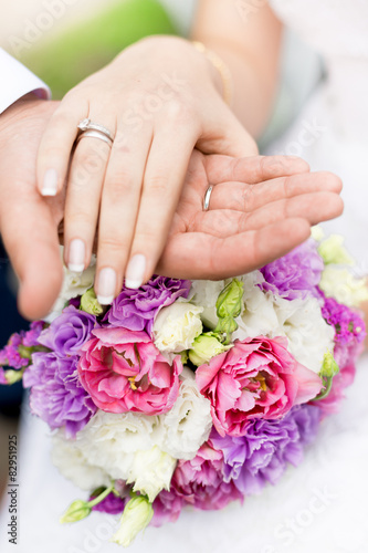soft focus photo of groom holding brides hand on bridal bouquet