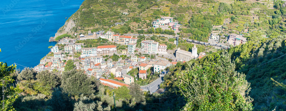 Aerial view of Riomaggiore on a sunny day. Five Lands, Italy