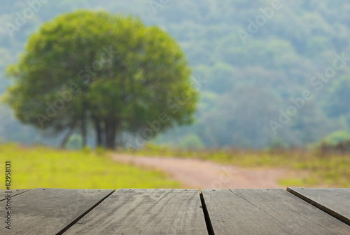 Defocus and blur image of terrace wood and Beautiful landscape