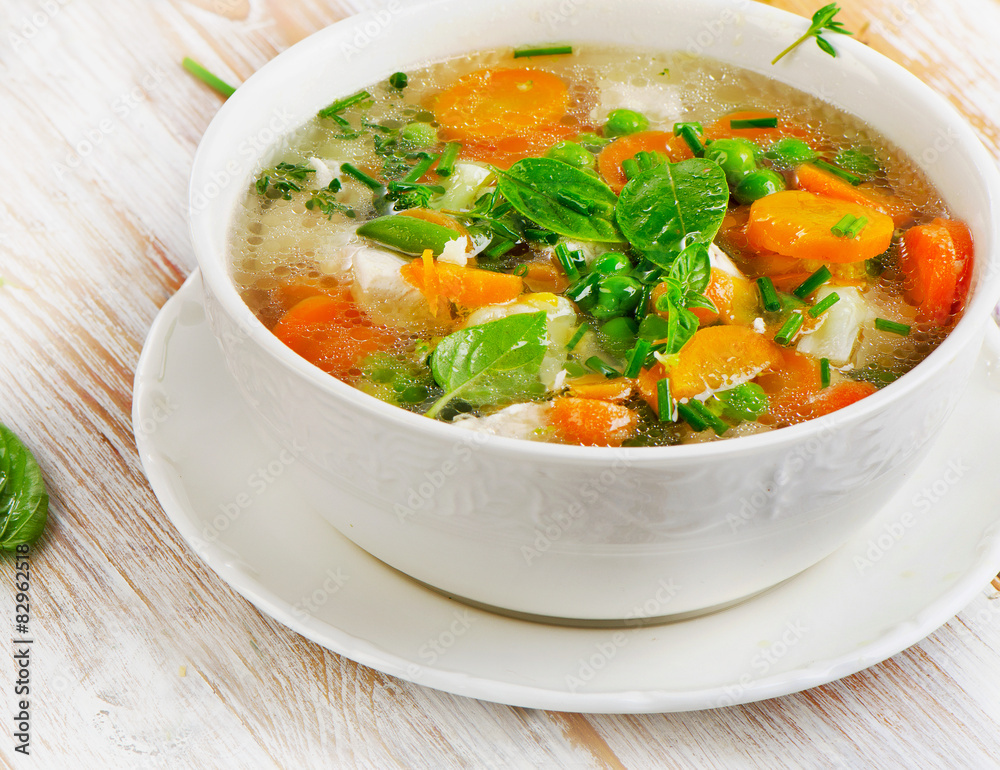 Soup on wooden table