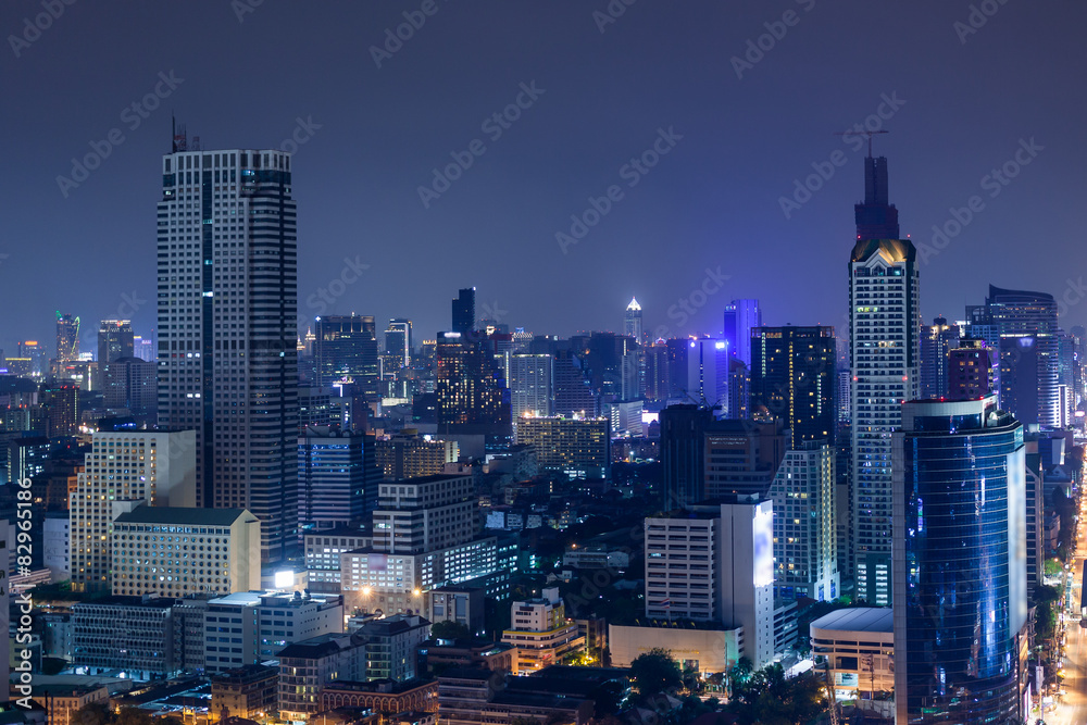 Business Building Bangkok city area at twilight scene, high angl