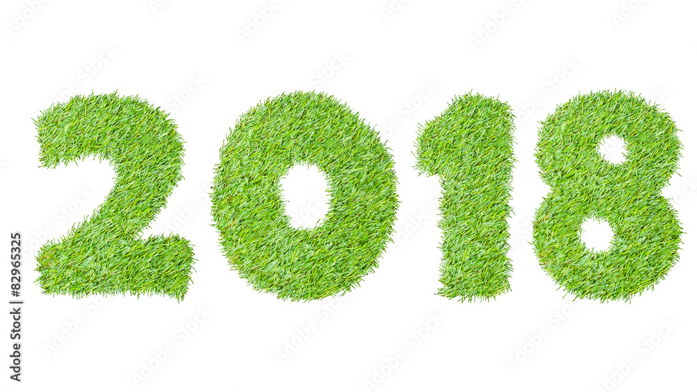 2018, New year made from the green grass, isolated on white can