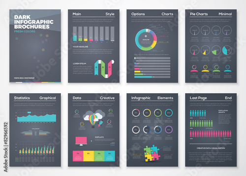 Colorful flat infographic brochures with black background