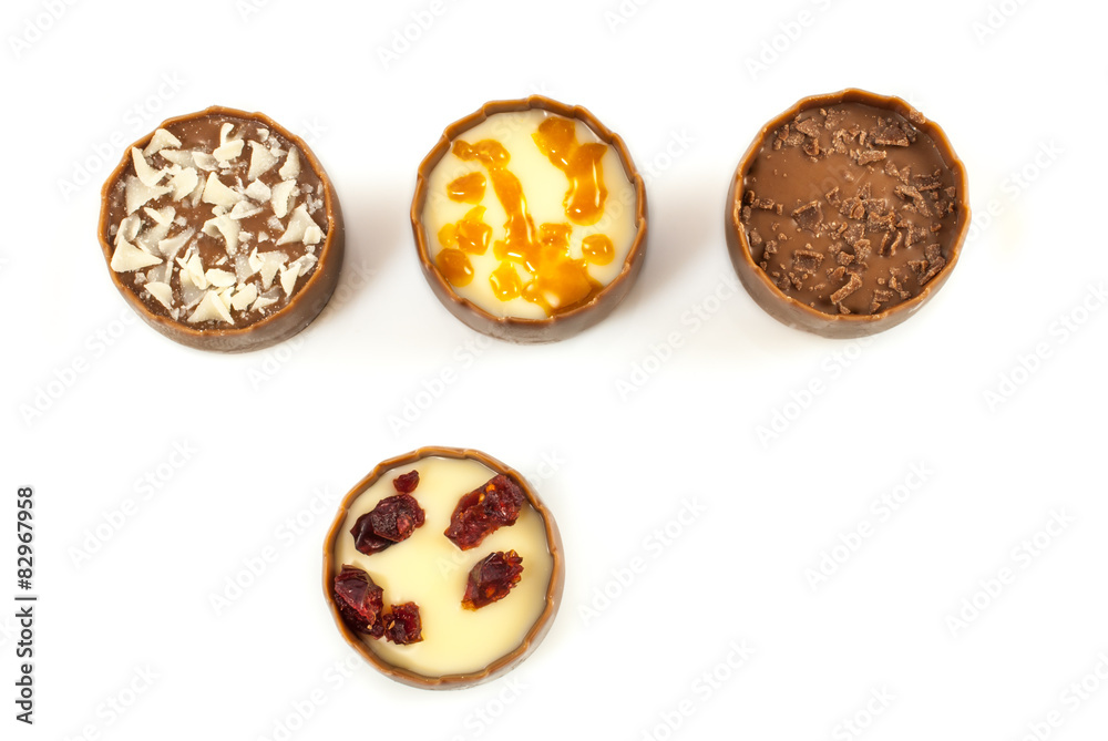 Chocolate pralines on white background Chocolate pralines on white background