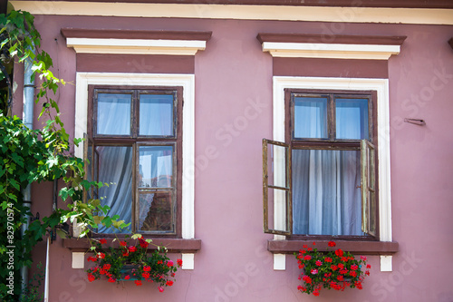 Pink facade with windows and flowers from Sighisoara city © PixAchi