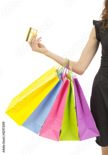 Woman's arm showing a credit card and shopping bags