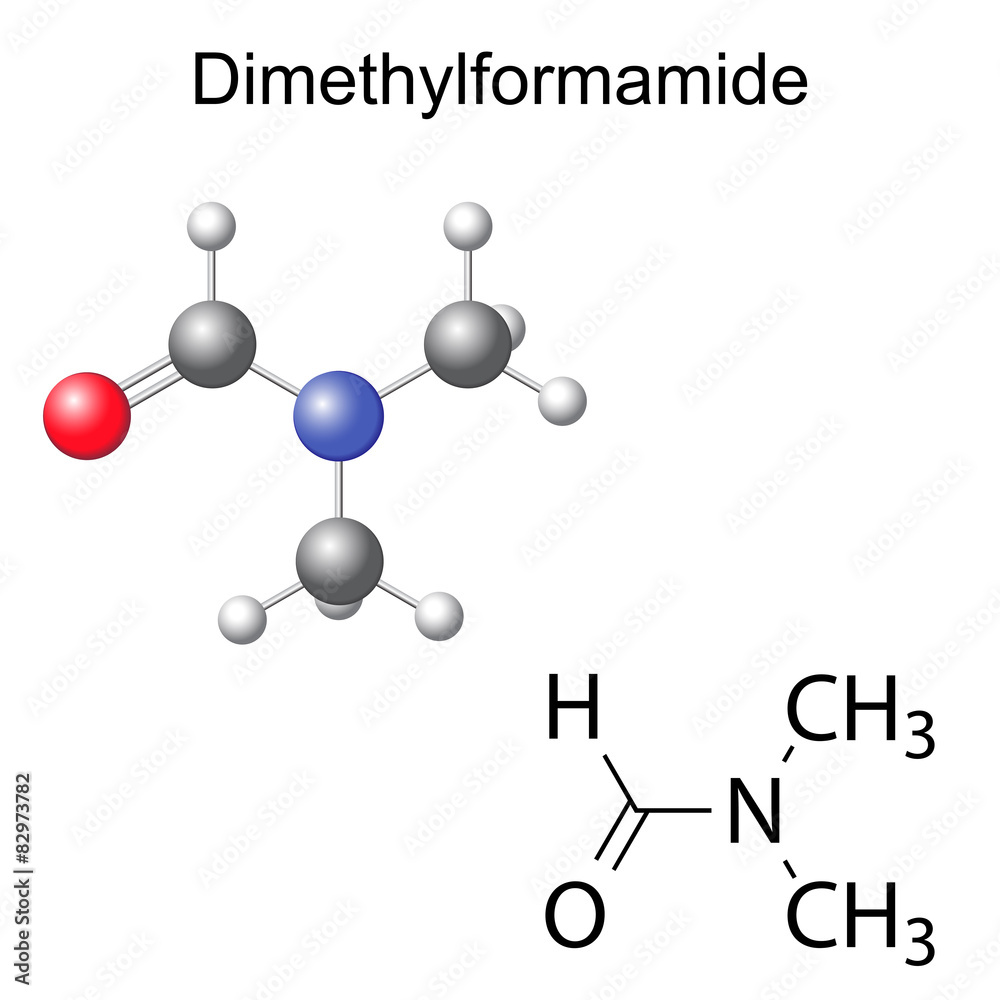 Chemical formula and model of dimethylformamide Chemical formula and model of dimethylformamide