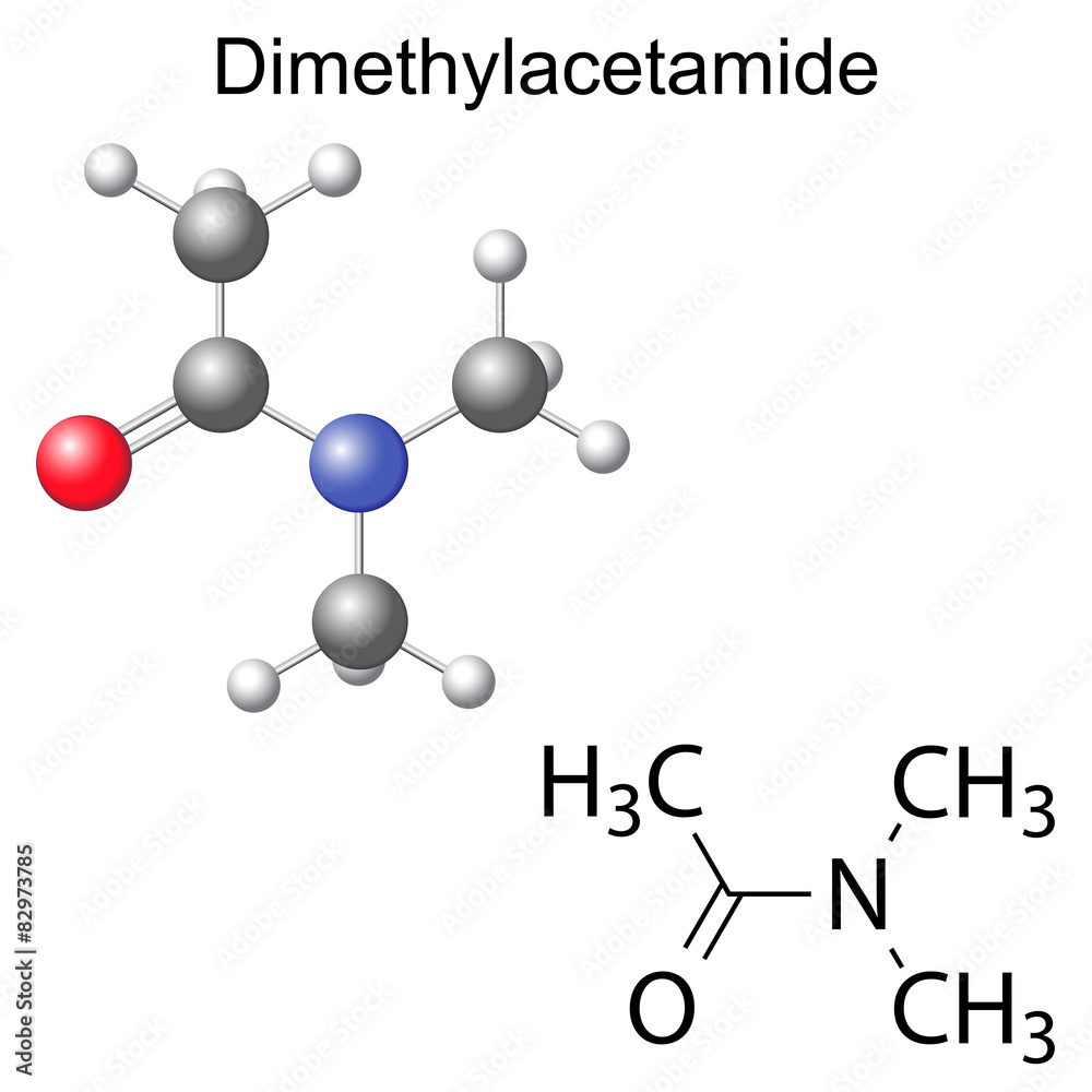 Chemical formula and model of dimethylacetamide molecule Chemical formula and model of dimethylacetamide molecule