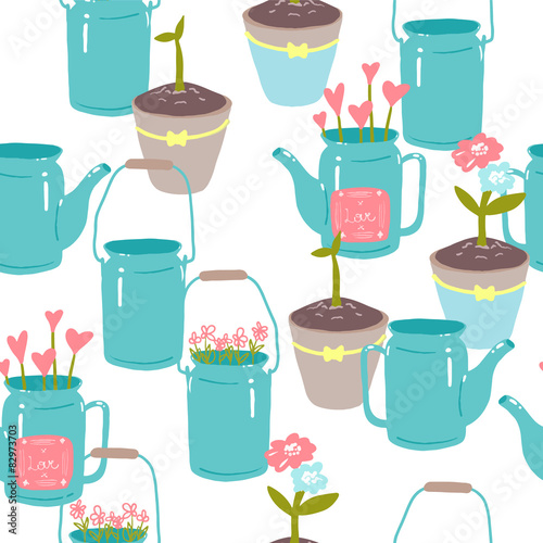 vector seamless pattern with flowers and plants watering