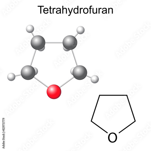 Chemical formula and model of tetrahydrofuran molecule