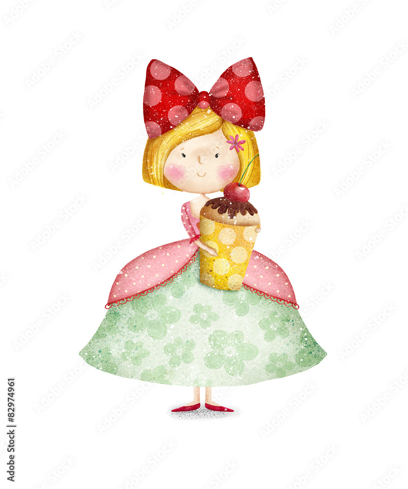 Cute small girl with cupcake. Birthday  party - obrazy, fototapety, plakaty 