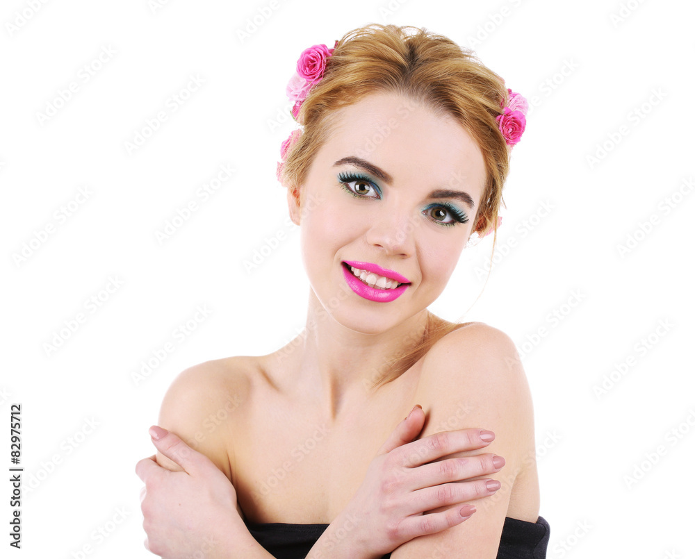 Portrait of young woman with flowers in hair isolated on white Portrait of young woman with flowers in hair isolated on white