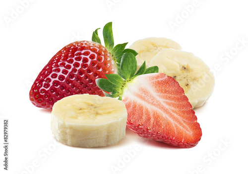 Whole and half strawberry, banana pieces square composition isol photo