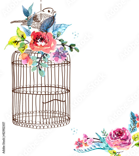 Watercolor flowers and bird cage