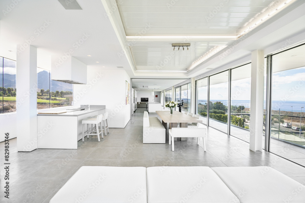 White living room in the modern villa with sea view White living room in the modern villa with sea view
