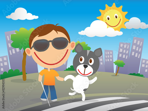 Happy blind child with his guide dog