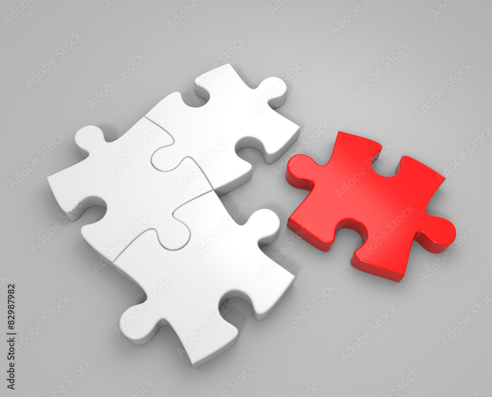 3D render illustration, loose red puzzle piece 3D render illustration, loose red puzzle piece