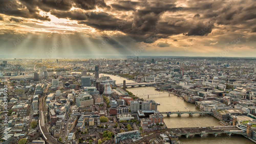 View across the skyline of London with moody skies