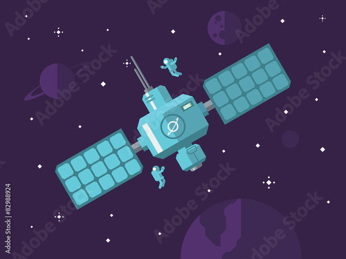 Satellite with Astronauts in Outer Space