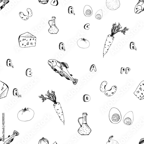 Black-white seamless pattern. Foods and vitamins
