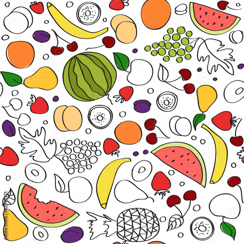 Fototapeta Naklejka Na Ścianę i Meble -  Seamless vector doodle cartoon pattern of summer fruits