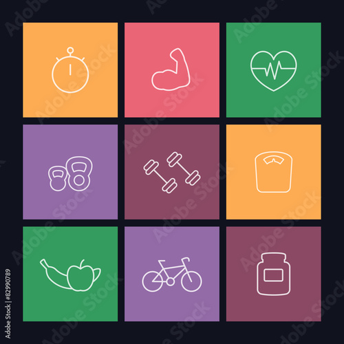 line white flat fitness icons on squares, vector, eps10