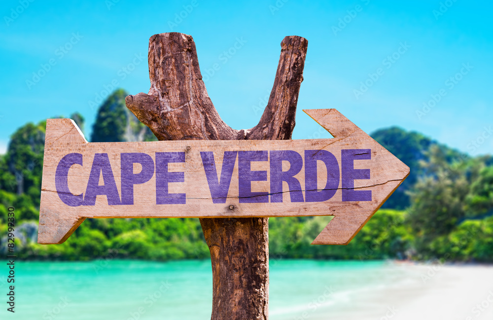 Cape Verde wooden sign with beach background