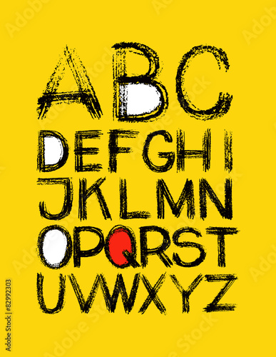 alphabet. hand drawn in vector on yellow background