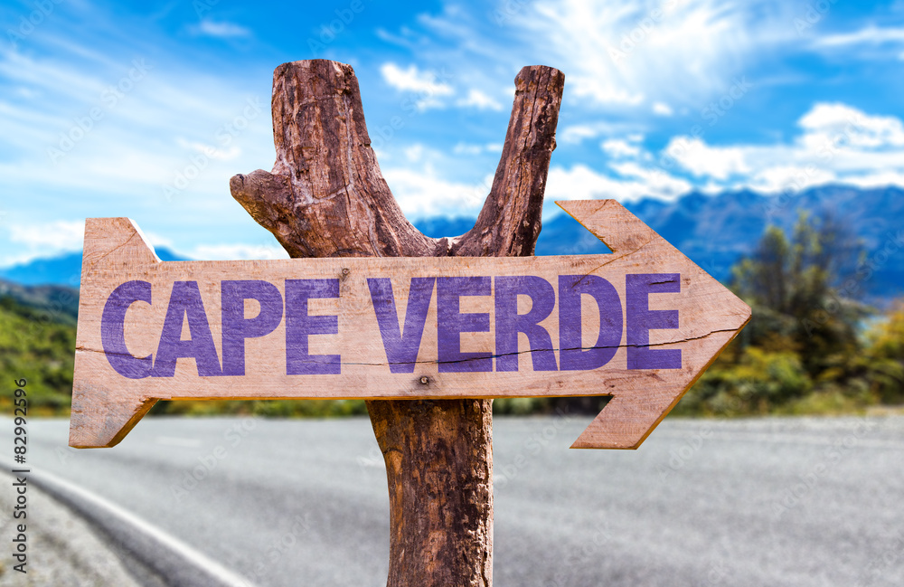 Cape Verde wooden sign with road background