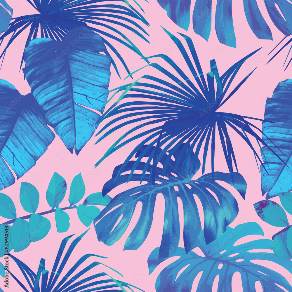 tropical leaves seamless background - obrazy, fototapety, plakaty 