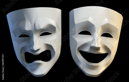Theater Masks. Tragicomic theater grotesque masks isolated on black background. White colored version. 3D-rendering graphics. photo