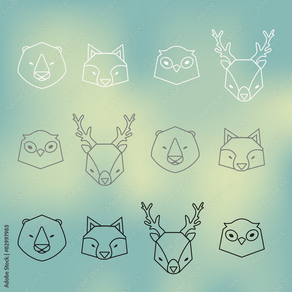 Trendy outline animals heads icons set. Owl, deer, fox and bear Trendy outline animals heads icons set. Owl, deer, fox and bear