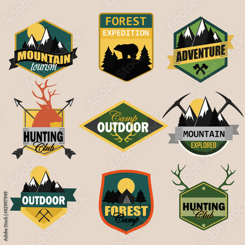 Adventure, outdoors, camping logo emblems set.