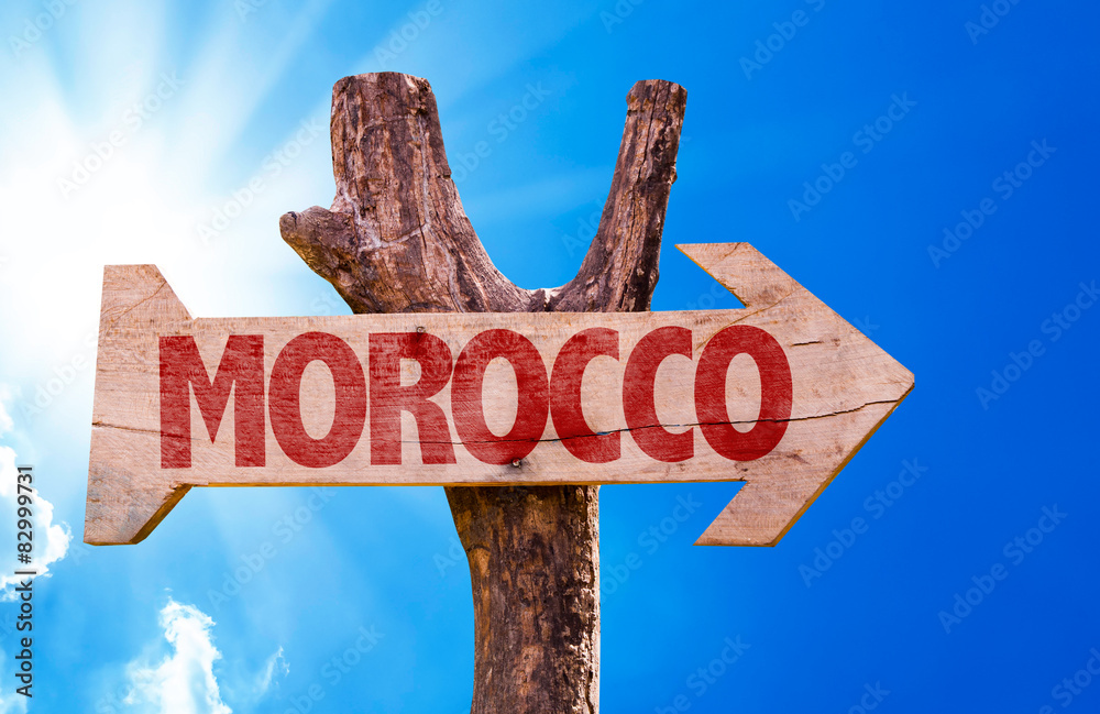 Morocco wooden sign with sky background