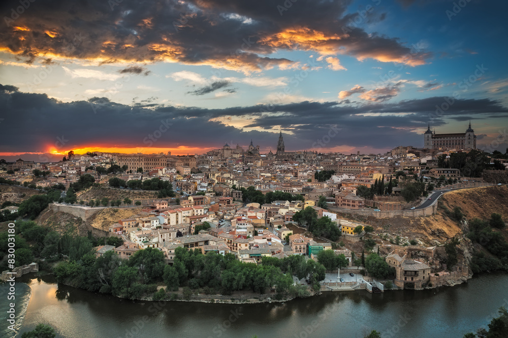 Panoramic view of Toledo at dusk, Castile-La Mancha, Spain