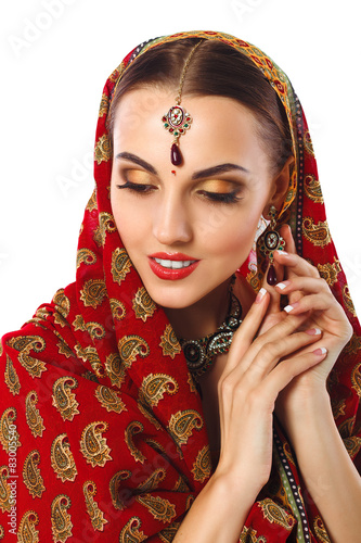 Beautiful Woman in Indian Traditional Clothes And Accessories