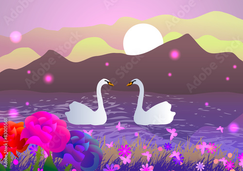 Vector illustration. Two swans in the lake.