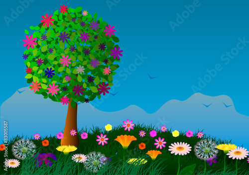Flower field and flowering tree.