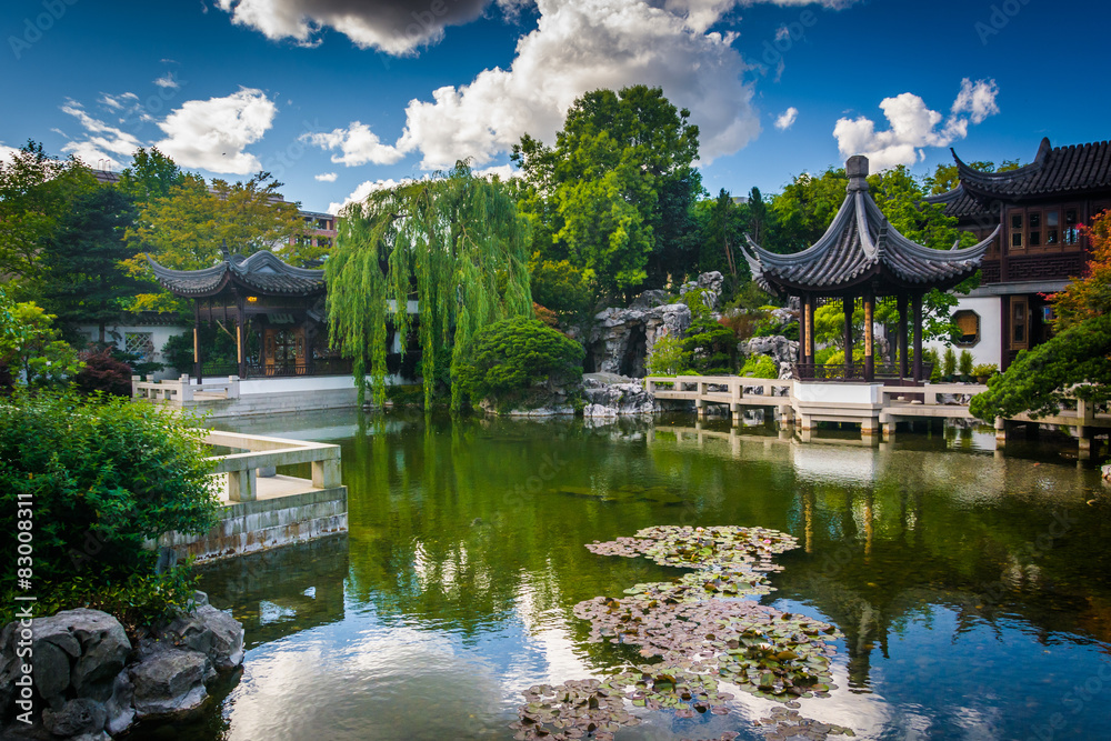 Pagoda and pond at the Lan Su Chinese Garden in Portland, Oregon Pagoda and pond at the Lan Su Chinese Garden in Portland, Oregon