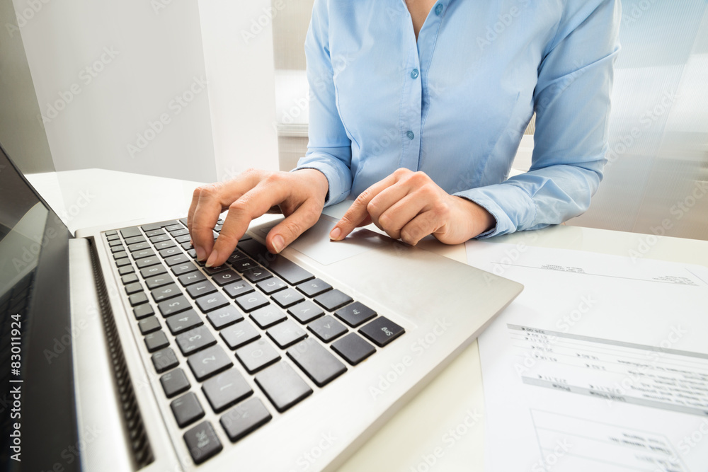 Businesswoman Typing On Laptop Keyboard Businesswoman Typing On Laptop Keyboard
